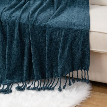BATTILO HOME Navy Blue Chenille Throw Blanket for Couch, Soft Cozy Textured Knit Throw Blanket with Handmade Fringe Tassels, Lightweight Decorative Farmhouse Blanket for Sofa Bed Chair, 50"x60" | Soft Chenille Knit with Handmade Fringe Tassels, Lightweigh