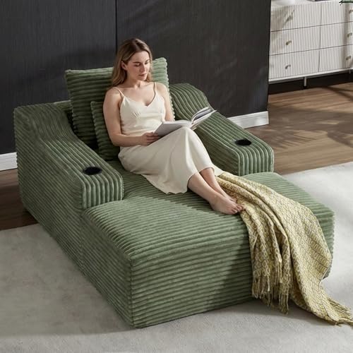 67" Oversized Chaise Lounge Indoor, Upholstered Deep Seat Cloud Couch Corduroy Lounge Chair, Modern Sofa Bed Loveseat Sleeper Chair for Living Room Bedroom Apartment, Green - color: Green, size: 67"
