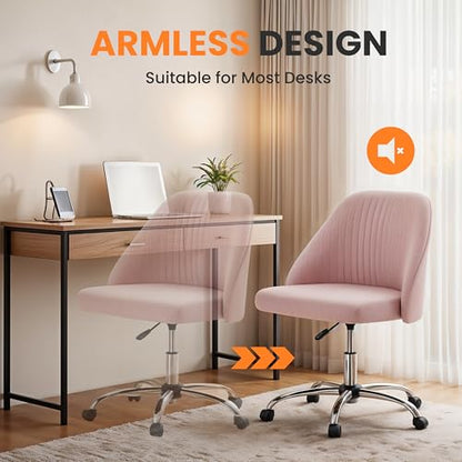 Simple Deluxe Armless Office Desk Chair, Modern Cute Swivel Vanity Chair Comfy Home Office Chairs with Wheels Height Adjustable Rolling Computer Task Stools for Living Room, Make-up, Bedroom, Pink - color: Pink