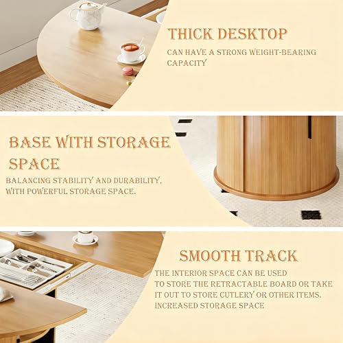 Wildhome Extendable Round Dining Table for 2-4-6, 59 Inch Dining Room Kitchen Table with 2-Tier Storage Shelf, Modern Farmhouse Fluted Wood Slide Door Dinner Furniture,Oval Circle,Oak - color: Oak-59 Inch
