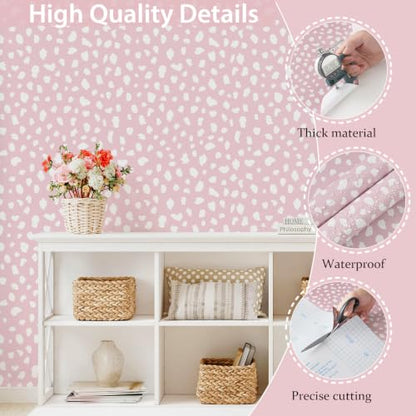 Yasinet Pink Wallpaper Boho Dots Peel and Stick Wallpaper Modern Removable for Girl Bathroom/Bedroom Pink and White Contact Paper Self Adhesive Waterproof Wall Paper Decro Vinyl 17.3" × 393.7 " - color: Pink/White, size: 17.3"×393.7''
