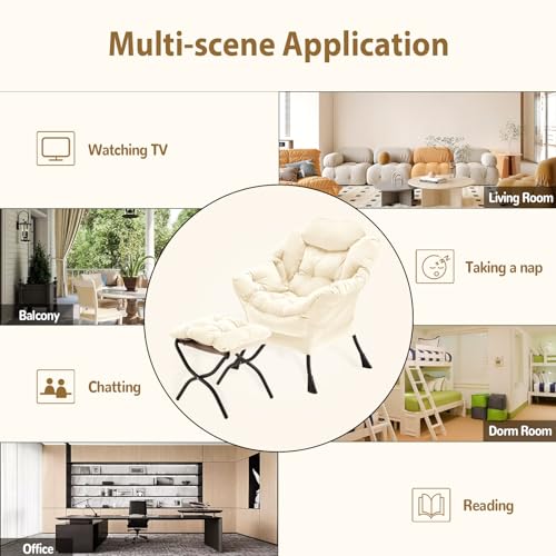 Youtanic Lazy Chair with Folding Ottoman, Accent Chair Velvet Upholstered with Metal Structure and Non-Slip Pads, Sofa Armchair with Footrest and Side Storage Bag for Dorm, Room, Office, Beige - color: Beige