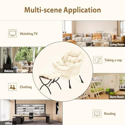 Youtanic Lazy Chair with Folding Ottoman, Accent Chair Velvet Upholstered with Metal Structure and Non-Slip Pads, Sofa Armchair with Footrest and Side Storage Bag for Dorm, Room, Office, Beige - color: Beige