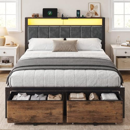 Full Size Bed Frame with Upholstered Headboard and 2 Storage Drawers | Metal Platform Bed, Smart LED Lights, Charging Station, Noise Free, No Box Spring Needed, Easy Assembly - size: Full