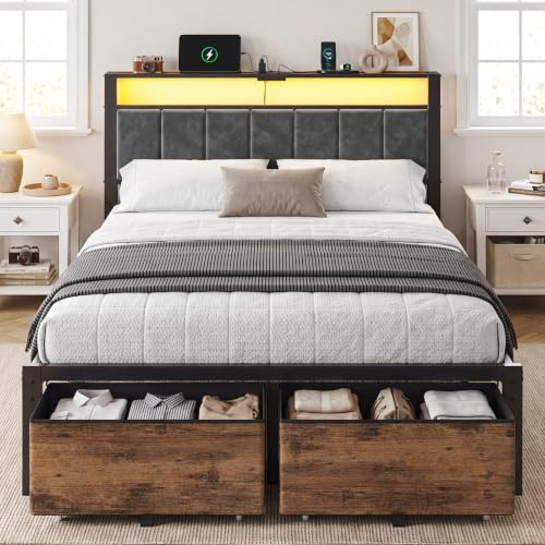 Full Size Bed Frame with Upholstered Headboard and 2 Storage Drawers | Metal Platform Bed, Smart LED Lights, Charging Station, Noise Free, No Box Spring Needed, Easy Assembly - size: Full