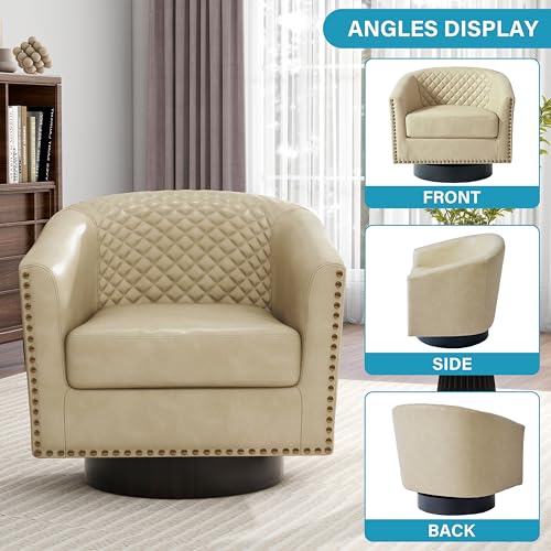 Faux Leather Swivel Accent Chair, Modern Barrel Club Armchair, Beige | Comfy Living Room Chair, Modern Nailhead Trim Round Armchair Bedroom Reading Seat with Removable Cushion, Wood Frame - color: Retro Beige