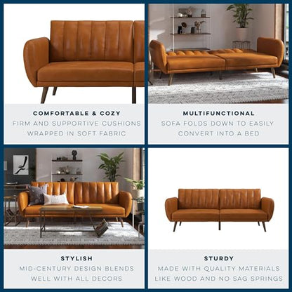 Novogratz Brittany Futon Sofa Bed and Couch Sleeper, Camel Faux Leather - color: Camel Faux Leather