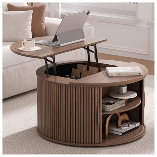 JOINICE Walnut Lift Top Coffee Table with Storage for Living Room,Round | 31.5" Drum Design,Hidden Storage&Open Shelf,Modern Fluted Center Table for Small Apartments,Easy Assembly,Up to 150 lbs - color: Walnut_round_lift Top