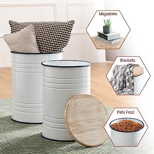 Glitzhome Rustic Storage Ottoman Seat Stool, Farmhouse End Table, Galvanized Dark Blue Rim Imitation Enamel Accent Side Table Toy Box Bin with Round Wood Lid for Living Room, Set of 2, White - color: White
