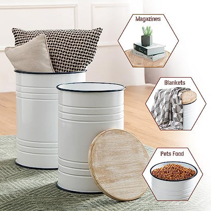 Glitzhome Rustic Storage Ottoman Seat Stool, Farmhouse End Table, Galvanized Dark Blue Rim Imitation Enamel Accent Side Table Toy Box Bin with Round Wood Lid for Living Room, Set of 2, White - color: White
