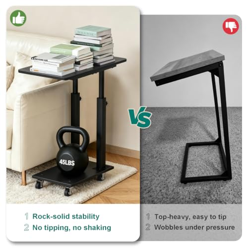 AOODA 22''W TV Tray Table with Wheels Adjustable Height, C Shaped End Tables Living Room, Rolling Couch Side Table with Storage for Sofa, Bed, Recliner (Pure Black) - color: Pure Black