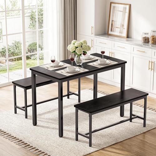 Dining Table Set for 4, Kitchen Table with 2 Benchs, Black | Modern Functional 3 Piece Space-Saving Dining Room Table Set for Apartment, Breakfast Nook, Small Space - color: Black