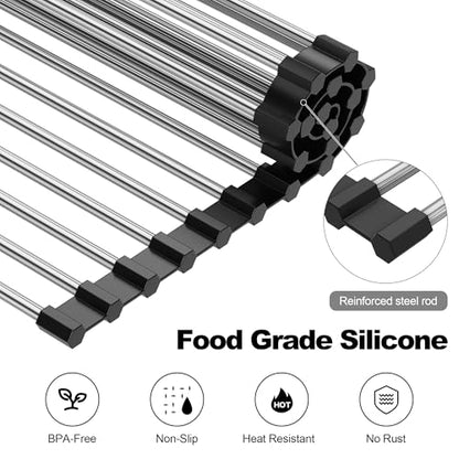 NEZUIBAN Dish Drying Rack with Roll Up and Over Sink for Kitchen,17.5"x15.7",Black - size: 17.5"x15.7"