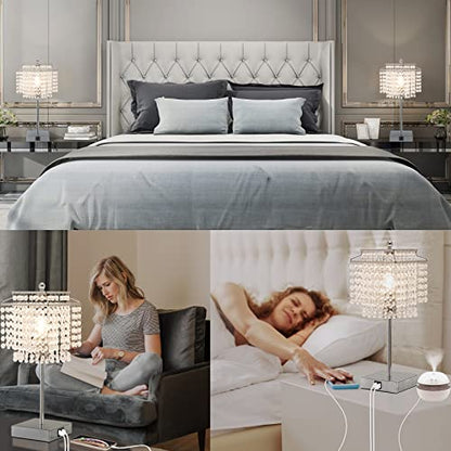 Luvkczc Crystal Table Lamp with Touch Control Set of 2, USB Bedside Table Lamp with USB C+A Ports, Dimmable Lamp with Crystal Shade for Bedroom, Living Room, 6W LED Bulb Included - color: Silver, 2 Pack