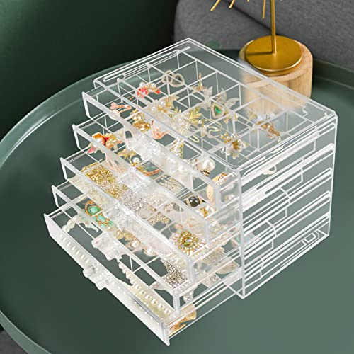 Weiai Clear Acrylic Jewelry Organizer Box 90 Adjustable Grids for Earrings Rings - size: 5 Drawers