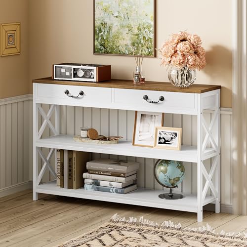 IRONCK 47.2" Farmhouse Console Table, Sofa Table with 2 Drawer, White | Narrow Long Entry Table with 2 Shelf for Entryway, Living Room, Hallway - size: 47.2inch