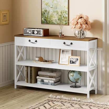 IRONCK 47.2" Farmhouse Console Table, Sofa Table with 2 Drawer, White | Narrow Long Entry Table with 2 Shelf for Entryway, Living Room, Hallway - size: 47.2inch