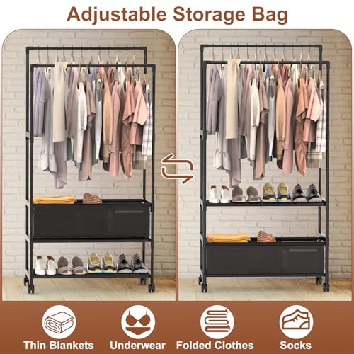 Double Rods Clothes Rack, Heavy Duty Metal Garment Rack Metal Clothing Racks with Shelves Lockable Wheels Portable Storage Bag Height Adjustable for Bedroom Laundry Living Room - size: 30.31"D x 13.58"W x 57.09"H