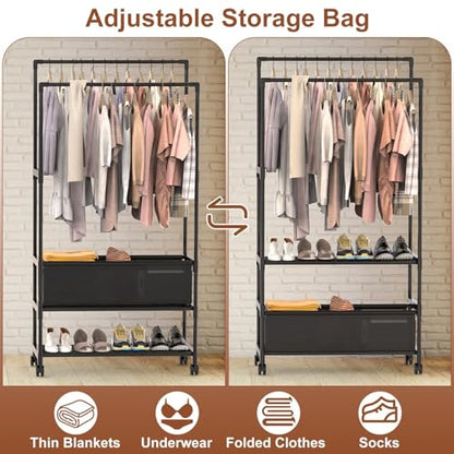 Double Rods Clothes Rack, Heavy Duty Metal Garment Rack Metal Clothing Racks with Shelves Lockable Wheels Portable Storage Bag Height Adjustable for Bedroom Laundry Living Room - size: 30.31"D x 13.58"W x 57.09"H