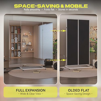 Hasipu 79"×79" Large Tri-Fold Full Length Rolling Mirror | Tempered Glass Movable Home Gym Mirror on Wheels with Stand for Gym, Dance Studio, Fitness Room, and Home - size: 78"L x 78"W