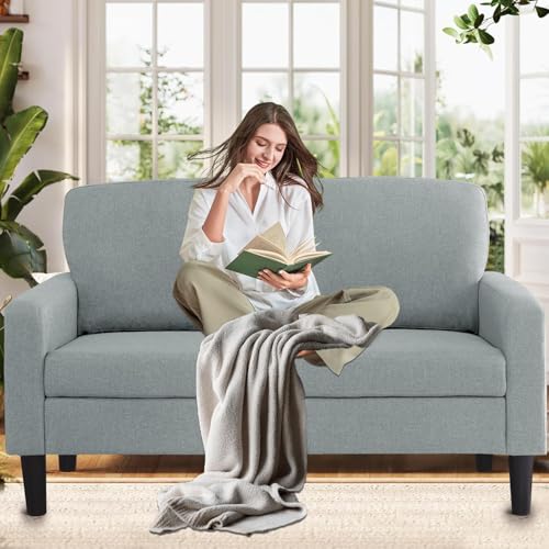 Loveseat Sofa 53" Small Spaces Sofa Couch for Offices,Dorm Room,Bedroom 2 Seater Linen Gray Small Couch, Comfy Love Seat, All-Wood Couches with High Legs, Grey - color: Grey