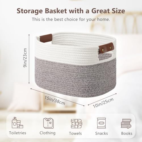 ECDYQXVU 15x10x9 Woven Cotton Rope Storage Basket, Leather Handles 1 Pack | Foldable Design, Sturdy PU Handles, Easy to Clean Organizer for Living Room, Closet, Shelves, Bedroom, Laundry, Clothes - color: White/Brown-1 Pack, size: 1 Pack