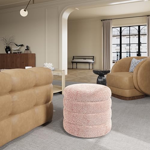 allamazing Storage Ottoman, Round Ottoman with Storage, Vanity Stool Foot Rest with Removable Lid, Round Boucle Upholstered for Living Room Pouf Footstool (Pink) - color: Pink