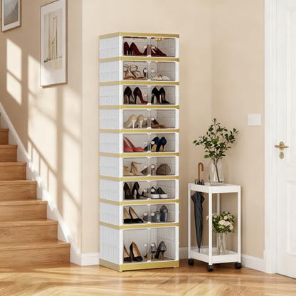 SYNCVIBE Foldable Shoe Rack, 9-Tier, 18 Pairs, 17.3" Wide, White Gold | Foldable Shoe Organizer, Collapsible Shoe Cabinet with Doors, Stackable Shoe Shelves for Closet, Entryway and Living Room - size: 9 Tiers -18 Pairs White Gold