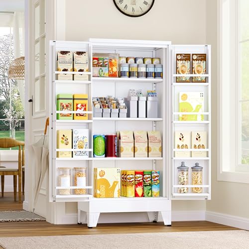 GAIOUS Metal Kitchen Pantry Cabinet, Food Storage Cabinets White Cupboard | Storage Cabinet with 2 Door and 3 Adjustable Shelves, Freestanding Steel Sideboard, with Door Shelf, for Kitchen Dinning Room - color: White, size: 13.78"D x 27.56"W x 47.24"H