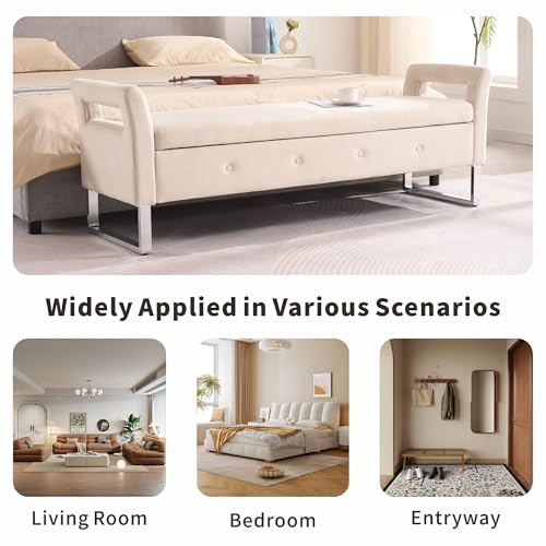 Chifee & Vingol Storage Bench with Armrests, 67.91 Inch Velvet End of Bed Bench Upholstered Storage Ottoman for Bedroom, Livingroom, Entryway - Beige - color: 68"-beige