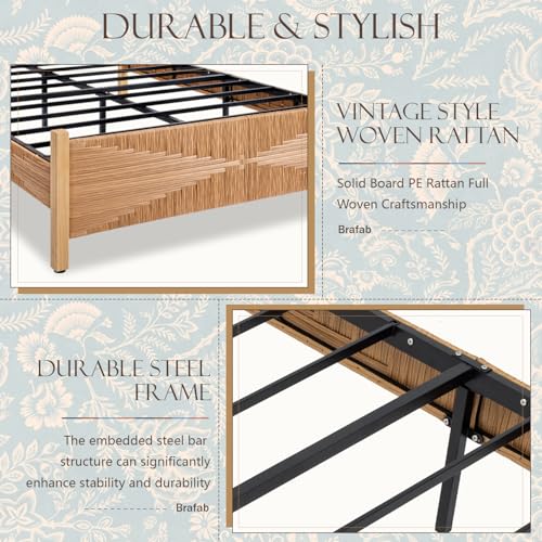 Brafab Queen Size Rattan Bed Frame, Boho Bed Frame with Hand Woven Wicker Headboard & Footboard, Mid-Century Solid Wood Posts and Feet, Metal Slat, No Box Spring Needed, Natural Oak - size: Queen (U.S. Standard)