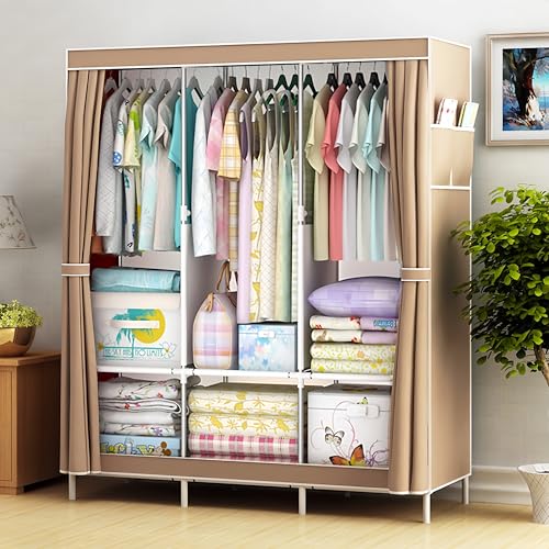 Portable Wardrobe Closet, 51"x17"x67" with 3 Hanging Rods and 6 Storage Shelves, Non-Woven Fabric, Stable and Easy Assembly Portable Closets for Hanging Clothes with Side Pockets (Khaki) - color: Khaki
