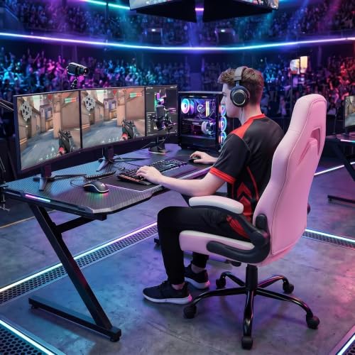 Sweetcrispy Computer Desk Chair, Lumbar Support Video Game Chair PU Leather | Ergonomic Comfy, PU Leather, Flip-up Armrest, Height Adjustable, 360 Swivel, White Pink - color: White Pink