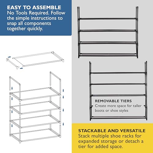 Sundaze Shoe Rack - 4 Tier Shoe Rack for Front Door Entrance, Sturdy Long Shoe Organizer for Closet, Bedroom, Entryway, Garage, Non Woven Fabric Shelf, Black, Holds Up to 20 Pairs - size: 4 Tier (34.3" W)