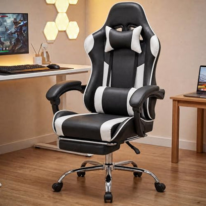 Sweetcrispy Gaming Chair, High Back Office Chair, Home Office | PU Leather Ergonomic, Adjustable Headrest Footrest, Linkage Armrest, Video Racing, White - color: Pu White