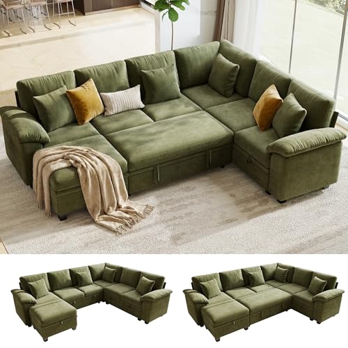 107.8" Modular Sectional Sleeper Sofa with Pull Out Bed, U Shaped 7 Seat Couch with 221L Storage, Convertible Cloud Couch Bed with Ottoman, Sectional Couches for Living Room, Apartment (Green) - color: Green, size: 7 Seat V Sleeper