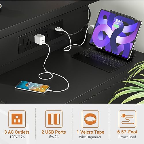 Computer Desk with 2 Fabric Drawers - Reversible Home Office Desk with Power Outlet & LED Lights, 53" Writing Desk with Monitor Stand & Storage Shelves, Gaming Desk Study Table with Pegboard, Black - color: Black