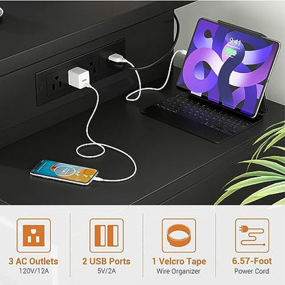 Computer Desk with 2 Fabric Drawers - Reversible Home Office Desk with Power Outlet & LED Lights, 53" Writing Desk with Monitor Stand & Storage Shelves, Gaming Desk Study Table with Pegboard, Black - color: Black