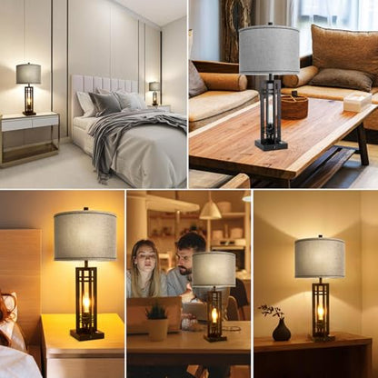 Set of 2 Farmhouse Table Lamps for Living Room,27-inch Bedside Lamps | Grey Shade Desk Lamps with USB A+C Ports, 3-Level Dimmable Touch Light, 4 LED Bulbs Included, Bedroom Home Office Nightstand - color: Gray