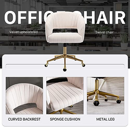 Vanity Chair Velvet Desk Chair with Gold Base for Living Room,Cream | Accent Armchair Upholstered Modern Tufted Chairs for Girls Women Ergonomic Study Seat Computer Task Stools for Bedroom - color: Cream