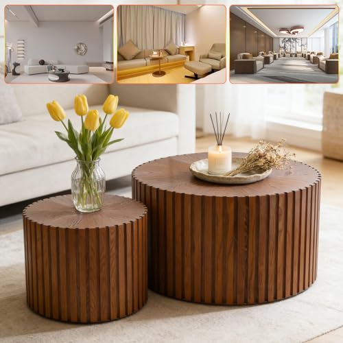 Handcraft Round Nesting Coffee Table (Brown 27.56+19.69in) | Chic Wave Stripe Edge, Modern Stylish Walnut Wooden Circle Fluted Center Table for Living Room - color: A Brown 27.56+19.69in