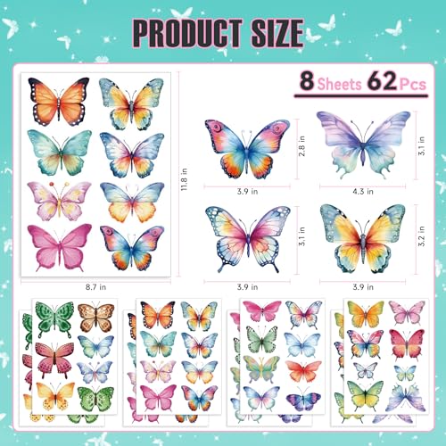 Butterfly Wall Stickers - 8 Sheets 62 Pcs Butterfly Watercolor Wall Decals Peel and Stick Wall Decals for Girls Kids Bedroom Room Nursery Room Décor - color: Butterfly