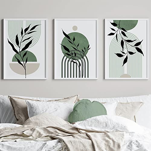Mid Century Modern Wall Art Set of 3 Sage Green Canvas Wall Art Boho Prints Green Wall Decor Black Beige Abstract Picture Mid Century Painting for Living Room Bedroom 12x16 Inch UNFRAMED - color: Green Plants Prints, size: 12x16 Inch Unframed