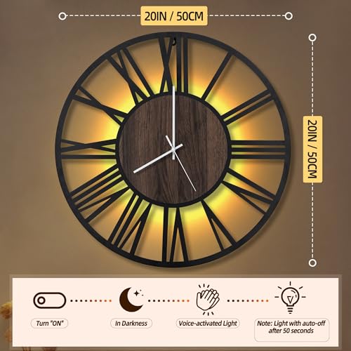 LEIKE Large LED Wall Clocks,Silent,Non Ticking,Battery Operated Rustic Round Modern Big Wood Wall Clock for Living Room, Bedroom,Kitchen,Farmhouse,Office,Home Decor -20" Black,LED,Roman Number - color: Led-black Wood-roman Number, size: 20 IN