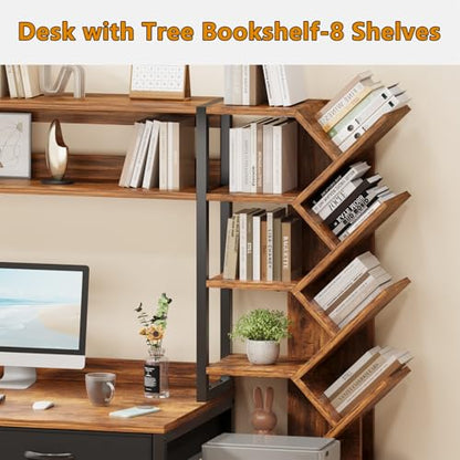 52" Computer Desk with Bookshelf, 5 Drawers ＆ Hutch for Bedroom | Office Desk with Printer Shelf, Study Writing Desk with Storage Shelves, Rustic Brown - color: Rustic Brown