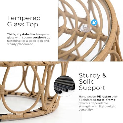Furniture of America Ysar Boho Rattan Round Coffee Table Outdoor with 5mm Tempered Glass Top, All-Weather and Rust Resistant Patio Furniture - color: Natural/18.9 In.