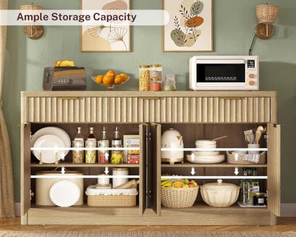 usikey 55" W Large Buffet Cabinet with Storage & Drawers, Sideboard Cabinet with 2 Adjustable Shelves & 4 Doors, Coffee Bar Station, Kitchen Storage Cabinets, Natural