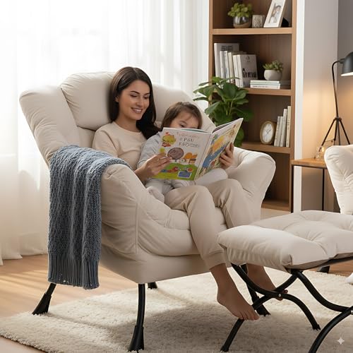 Lazy Chair with Ottoman, Comfy Accent Reading Chair, Velvet Beige | Foldable Footrest,Removable Cover,with Armrests and Side Pockets,Upholstered Lounge Chair for Bedroom,Dorm,Office,Small Space - color: Velvet Beige