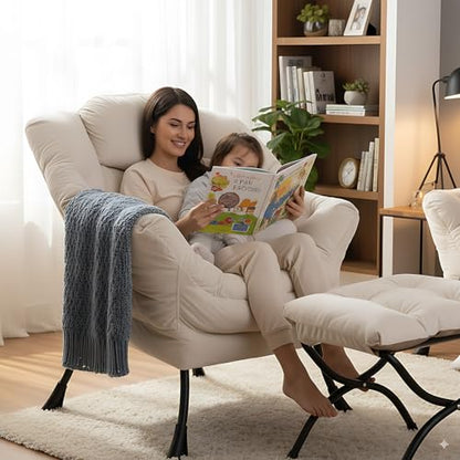 Lazy Chair with Ottoman, Comfy Accent Reading Chair, Velvet Beige | Foldable Footrest,Removable Cover,with Armrests and Side Pockets,Upholstered Lounge Chair for Bedroom,Dorm,Office,Small Space - color: Velvet Beige