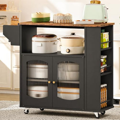 HOOBRO Kitchen Island with Power Outlet, Rolling Kitchen Island with Glass Doors and Open Storage Shelf, Island Table with Spice Rack, Towel Rack for Kitchen, Rustic Brown and Black BF53UZD01